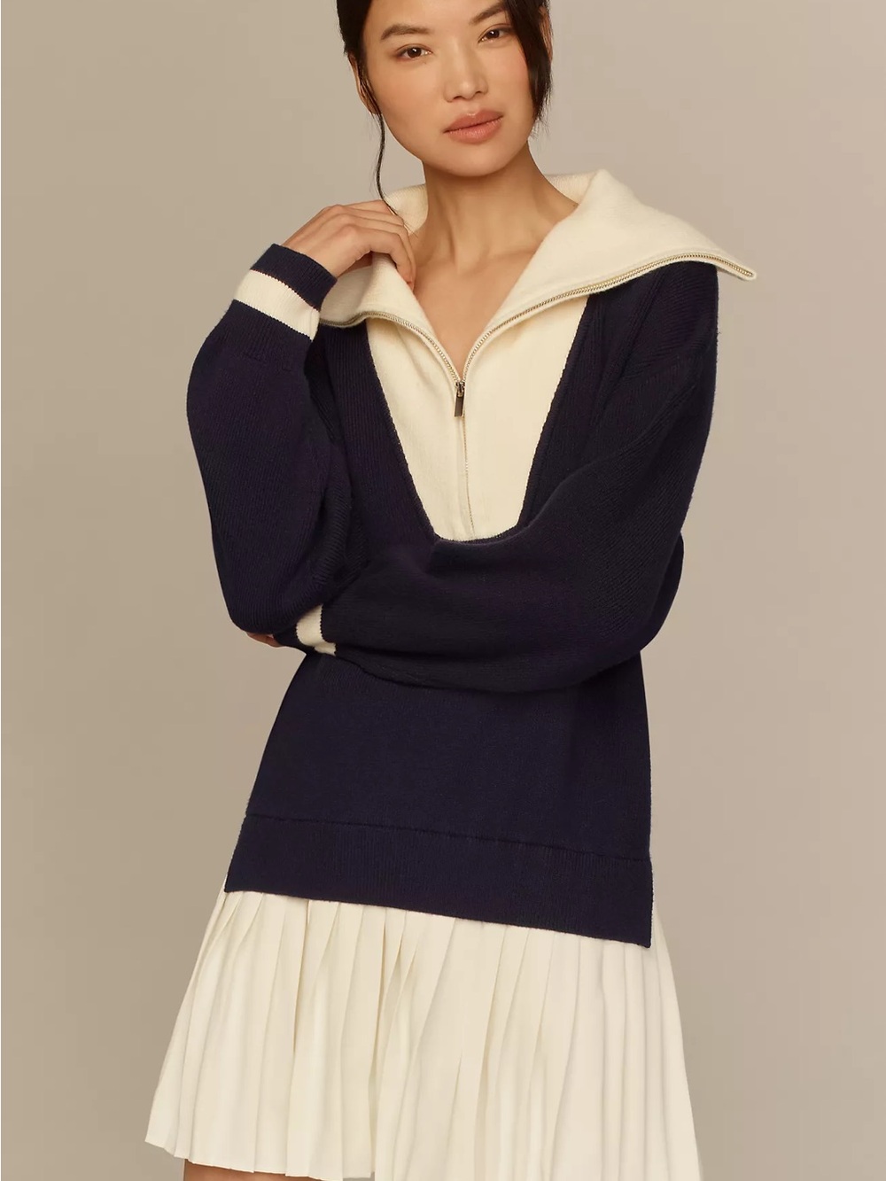 Maeve Navy and Cream Sailor-Style Pleated Mini Dress - Picture 4 of 6